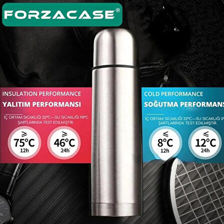 Forzacase Paslanmaz Çelik 500 ml 12 Saat Sıcak Soğuk Tutan Çay Kahve Su Termosu Deri Kılıflı - FC044