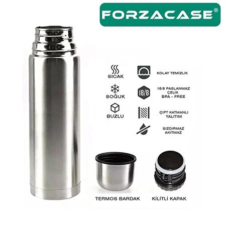 Forzacase Paslanmaz Çelik 500 ml 12 Saat Sıcak Soğuk Tutan Çay Kahve Su Termosu Deri Kılıflı - FC044