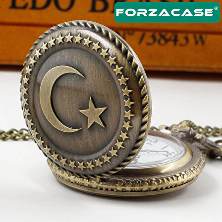 Forzacase Retro Vintage Özel Ay Yıldız İşlemeli Türk Bayraklı Köstekli Cep Saati - FC1048