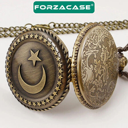 Forzacase Retro Vintage Özel Ay Yıldız İşlemeli Türk Bayraklı Köstekli Cep Saati - FC1048