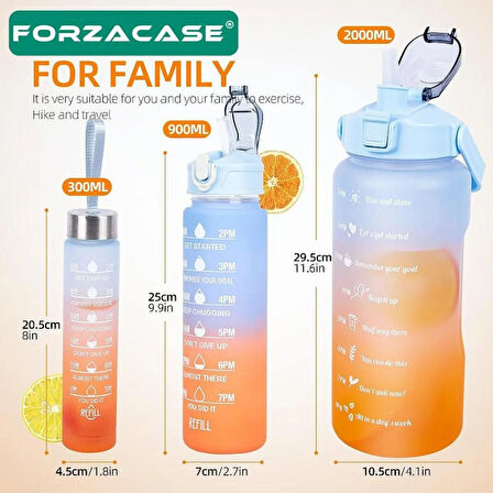 Forzacase Motivasyonel Spor Günlük 3lü Set Su Matarası Su Şişesi Suluk 2lt + 900ml + 300ml - FC107