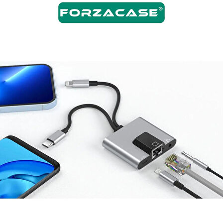 Forzacase 3 in 1 Lightning & Type-C to Ethernet Adaptörü RJ45, AUX, Şarj Destekli Çevirici - FC1083