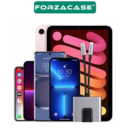 Forzacase 3 in 1 Lightning & Type-C to Ethernet Adaptörü RJ45, AUX, Şarj Destekli Çevirici - FC1083