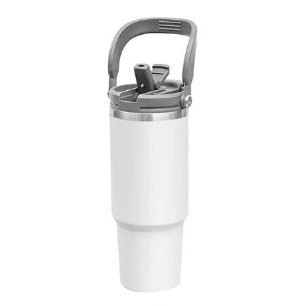 Forzacase 800 ml Paslanmaz Çelik Pipetli ve Kilit Kapaklı Kulplu Termos 6 Saat Sıcak/Soğuk - FC1084 Beyaz