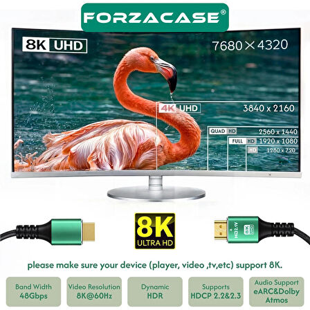 Forzacase Ultra HDTV 8K Yüksek Hızlı HDMI Kablosu - 1.5 Metre | TV PS5 8K 60Hz, 4K 120Hz - FC1085