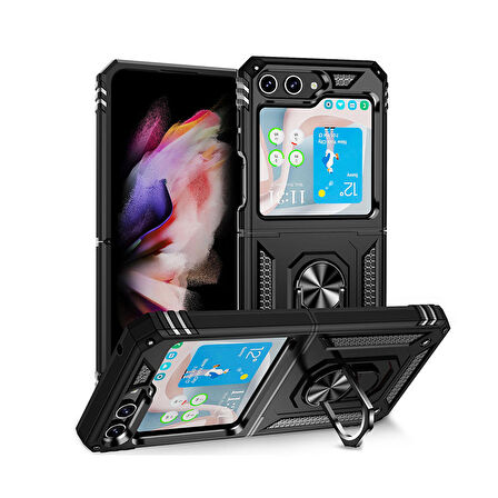 Forzacase Samsung Galaxy Z Flip5 ile uyumlu Ares Serisi Yüzük Standlı Armor Sert Plastik Kılıf