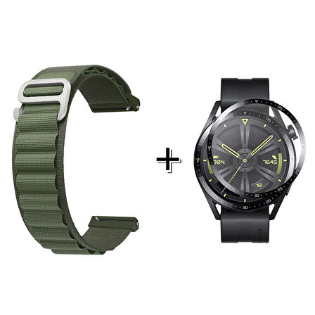 Forzacase Huawei Watch GT 3 46mm için Kancalı Kumaş Kordon Kayış + Ekran Koruma Filmi - FC156