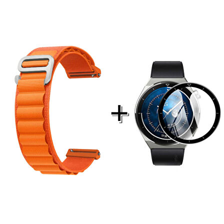 Forzacase Huawei Watch GT3 Pro 46mm için Kancalı Kumaş Kordon Kayış + Ekran Koruma Filmi - FC156