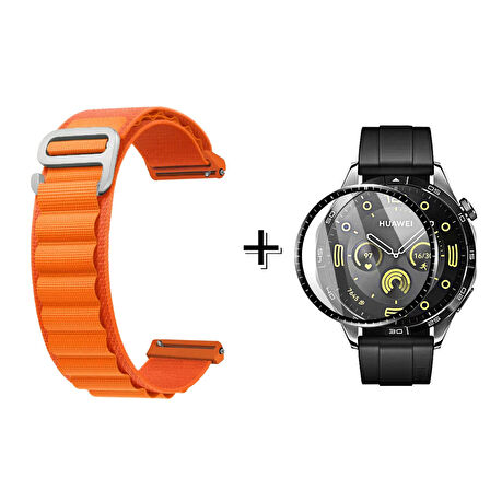 Forzacase Huawei Watch GT4 46mm için Kancalı Kumaş Kordon Kayış + Ekran Koruma Filmi - FC156