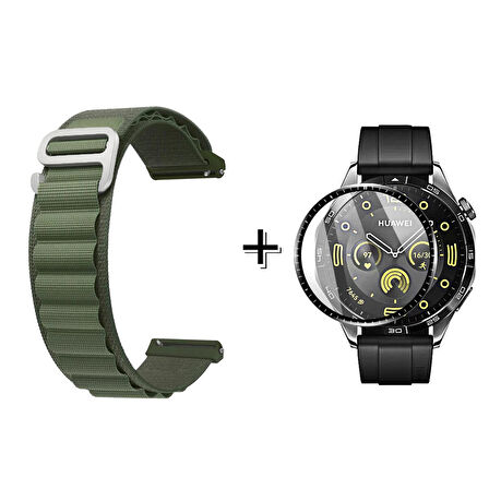 Forzacase Huawei Watch GT4 46mm için Kancalı Kumaş Kordon Kayış + Ekran Koruma Filmi - FC156