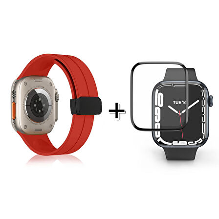 Forzacase Apple Watch 8 45 mm Uyumlu Manyetik Tokalı Silikon Kordon Kayış + Ekran Koruma Filmi - FC272