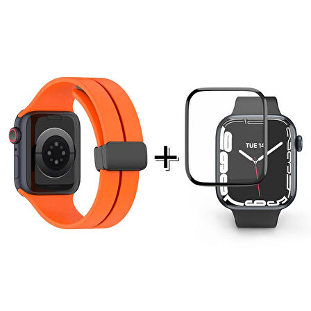 Forzacase Apple Watch 8 45 mm Uyumlu Manyetik Tokalı Silikon Kordon Kayış + Ekran Koruma Filmi - FC272