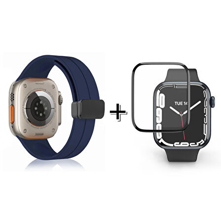 Forzacase Apple Watch 9 45 mm Uyumlu Manyetik Tokalı Silikon Kordon Kayış + Ekran Koruma Filmi - FC272