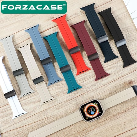 Forzacase Apple Watch 9 45 mm Uyumlu Manyetik Tokalı Silikon Kordon Kayış + Ekran Koruma Filmi - FC272
