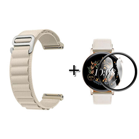 Forzacase Huawei Watch GT3 42mm için Kancalı Kumaş Kordon Kayış + Ekran Koruma Filmi - FC246