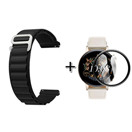 Forzacase Huawei Watch GT3 42mm için Kancalı Kumaş Kordon Kayış + Ekran Koruma Filmi - FC246