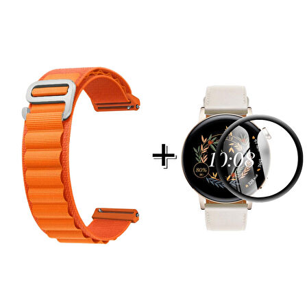 Forzacase Huawei Watch GT3 42mm için Kancalı Kumaş Kordon Kayış + Ekran Koruma Filmi - FC246