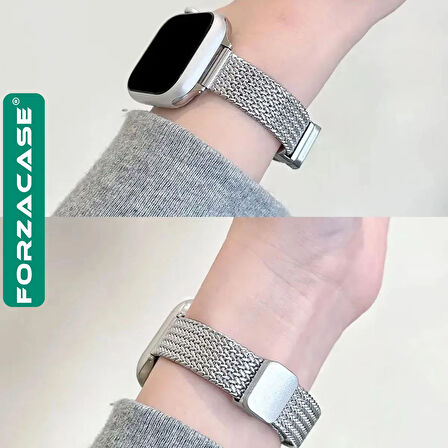 Forzacase Apple Watch 11 46mm ile uyumlu D Mıknatıslı İnce Metal Hasır Kordon Kayış - FC1139