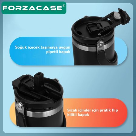 Forzacase 900 ml Paslanmaz Çelik Pipetli ve Kilit Kapaklı Kulplu Termos 6 Saat Sıcak/Soğuk - FC1185