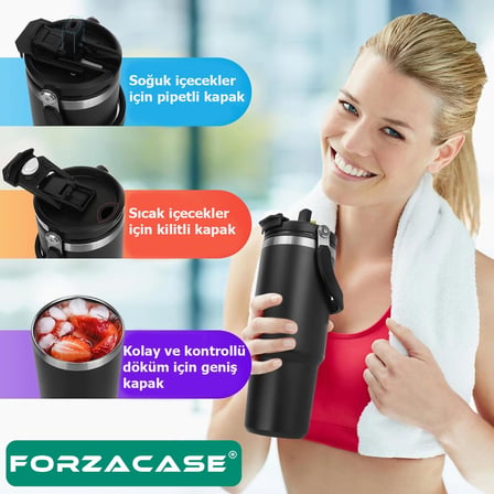 Forzacase 900 ml Paslanmaz Çelik Pipetli ve Kilit Kapaklı Kulplu Termos 6 Saat Sıcak/Soğuk - FC1183