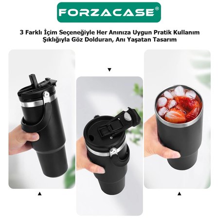 Forzacase 900 ml Paslanmaz Çelik Pipetli ve Kilit Kapaklı Kulplu Termos 6 Saat Sıcak/Soğuk - FC1184