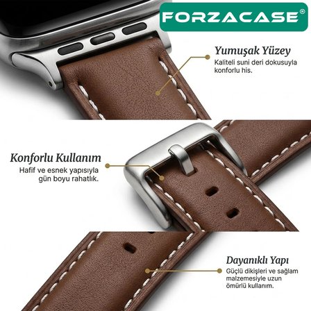 Forzacase Apple Watch SE 3 44mm ile uyumlu Suni Deri Kordon Kayış - FC1242