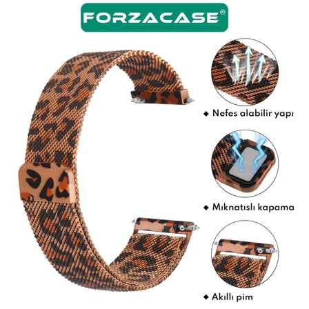 Forzacase 20mm Akıllı Saatler ile uyumlu Leopar Desen Metal Mıknatıslı Kordon Kayış - FC1244