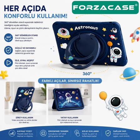 Forzacase Lenovo Tab K11 11 inç ile uyumlu Astronot Desen Askılı Standlı Silikon Kılıf - FC1254