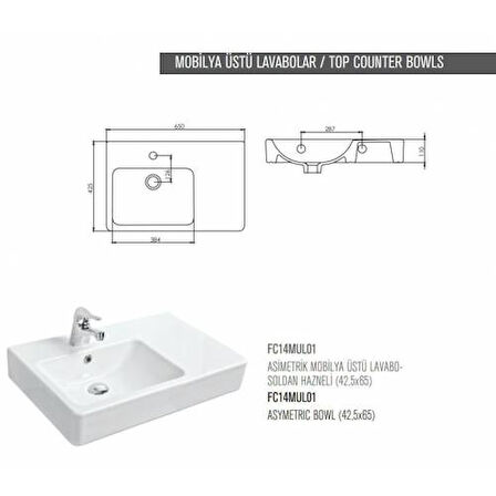 GÜRAL MOBİLYA ÜSTÜ LAVABO SOL ASİMETRİK 42,5CM X 65CM