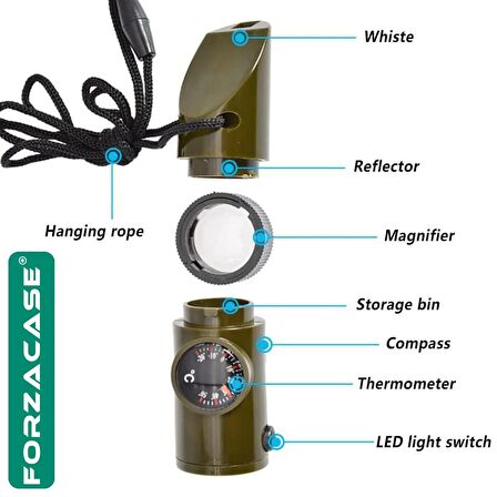 Forzacase 7in1 Yüksek Desibel Termometreli Pusulalı Ledli Kamp ve Deprem Çanta Düdüğü - FC226