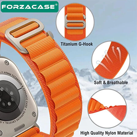 Forzacase Apple Watch Series 9 45mm ile uyumlu uyumlu Kancalı Kumaş Kordon Kayış - FC269
