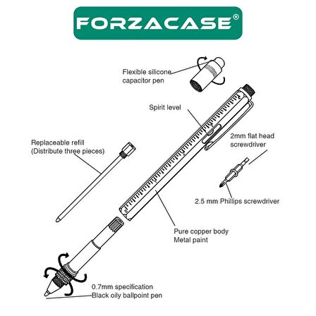 Forzacase Su Terazili Cetvelli Tornavidalı Çok Fonksiyonlu Mühendis Kalemi Dokunmatik Touchpen FC367