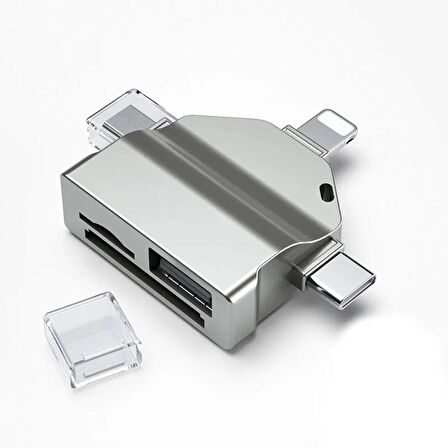 Forzacase Lightning Type-C Micro USB to USB Flash Bellek ve SD / TF Kart Okuyucu Adaptör - FC459 Gümüş