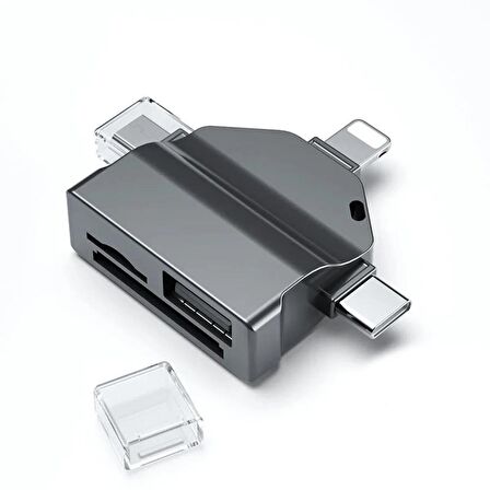 Forzacase Lightning Type-C Micro USB to USB Flash Bellek ve SD / TF Kart Okuyucu Adaptör - FC459 Siyah