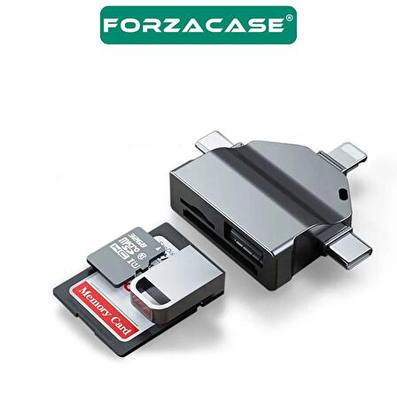 Forzacase Lightning Type-C Micro USB to USB Flash Bellek ve SD / TF Kart Okuyucu Adaptör - FC459 Siyah