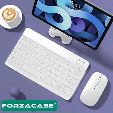 Forzacase Tablet ve Telefonlar için Yuvarlak Tuşlu Bluetooth Klavye ve Mouse Seti Beyaz FC465