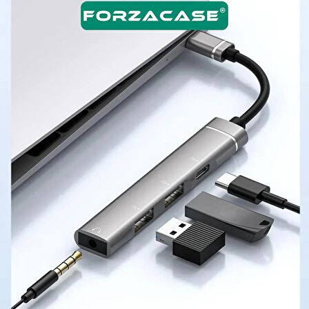 Forzacase 4in1 Type C + 3.5mm Jack + Çift Usb Girişli Port Çoğaltıcı Hub OTG Adaptör - FC484