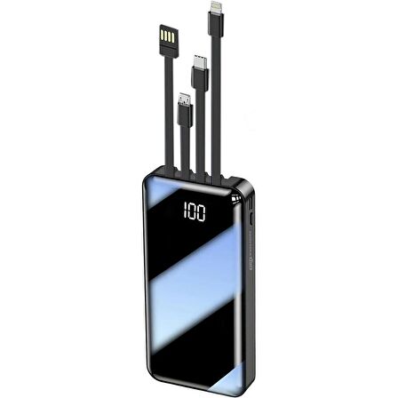Forzacase 10000 Mah Powerbank LED Panelli Çift Usb Çıkışlı Type-C Micro USB Lightning Kablolu FC580