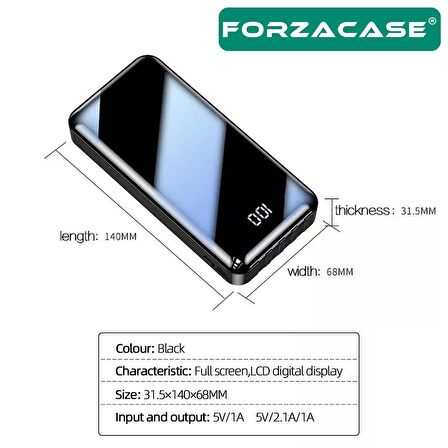 Forzacase 10000 Mah Powerbank LED Panelli Çift Usb Çıkışlı Type-C Micro USB Lightning Kablolu FC580