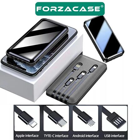Forzacase 8000 Mah Powerbank LED Panelli Çift Usb Çıkışlı Type-C Micro USB Lightning Kablolu- FC580