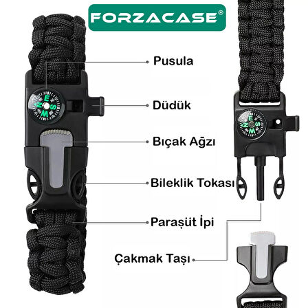 Forzacase Çok Amaçlı Pusulalı Düdüklü Paraşüp İp Bileklik Hayatta Kalma Bilekliği Yeşil - FC657
