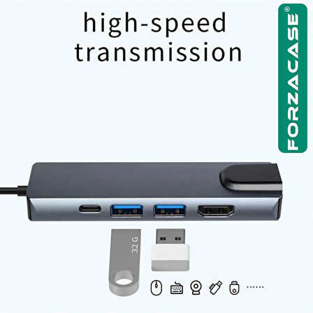 Forzacase Notebook Macbook Type-C Görüntü Aktarıcı 5in1 Ethernet USB HDMI Çevirici Hub HDTV FC799