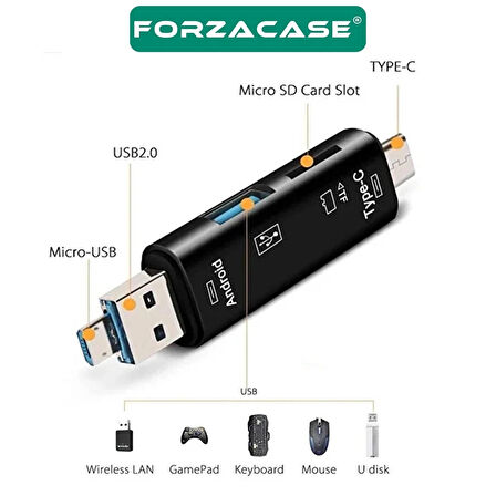 Forzacase USB 3.0 Type C Micro USB Kart Okuyucu 3in1 USB OTG SD - FC801