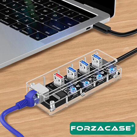Forzacase Type-C to 4 Port USB Çoğaltıcı + 1 Port Ethernet Switch Hub Adaptör - FC829