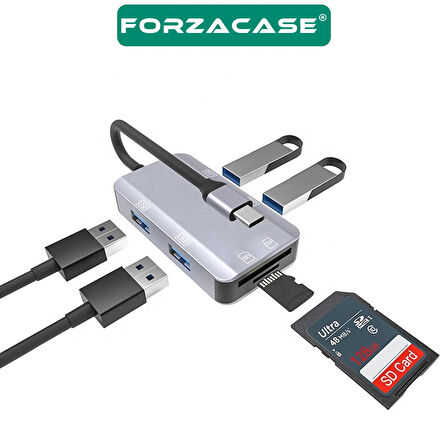 Forzacase 6in1 USB 3.1 Type-C 4 Port USB Çoklayıcı OTG SD Kart Okuyucu Mac iPhone 15 16 Uyumlu FC833