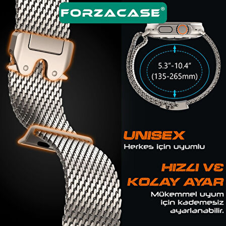 Forzacase Apple Watch 8 45mm ile uyumlu Mekanizmalı Metal Hasır Kordon Kayış - FC864