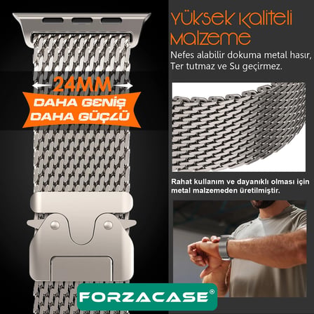 Forzacase Apple Watch SE 3 44mm ile Uyumlu Mekanizmalı Metal Hasır Kordon Kayış - FC864