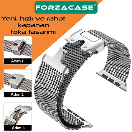 Forzacase Apple Watch 11 46mm ile uyumlu Mekanizmalı Metal Hasır Kordon Kayış - FC864
