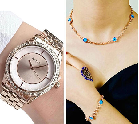 Ferrucci Rosegold Çelik Şık Kadın Kol Saati+Nazarlıklı Set Hediyeli