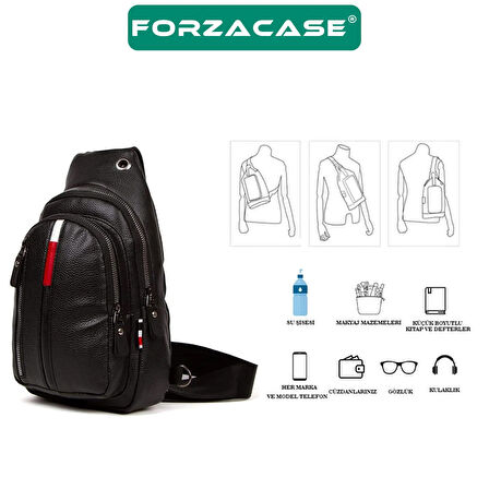 Forzacase Unisex Su Geçirmez Kulaklık Çıkışlı 2 Bölmeli Suni Deri Çapraz Göğüs ve Sırt Çantası FC869